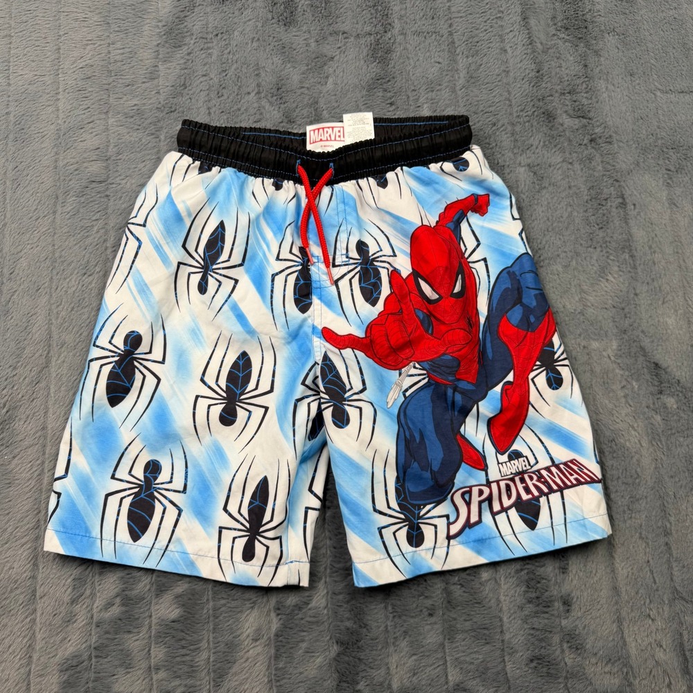 Marvel Spiderman Boys Swim Trunks Size 6 Blue White Spider Print Board Shorts